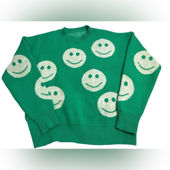 90s Revival Happy Face Green Knit Sweater Size Large 90s Girlycore Kidcore - Picture 1 of 7